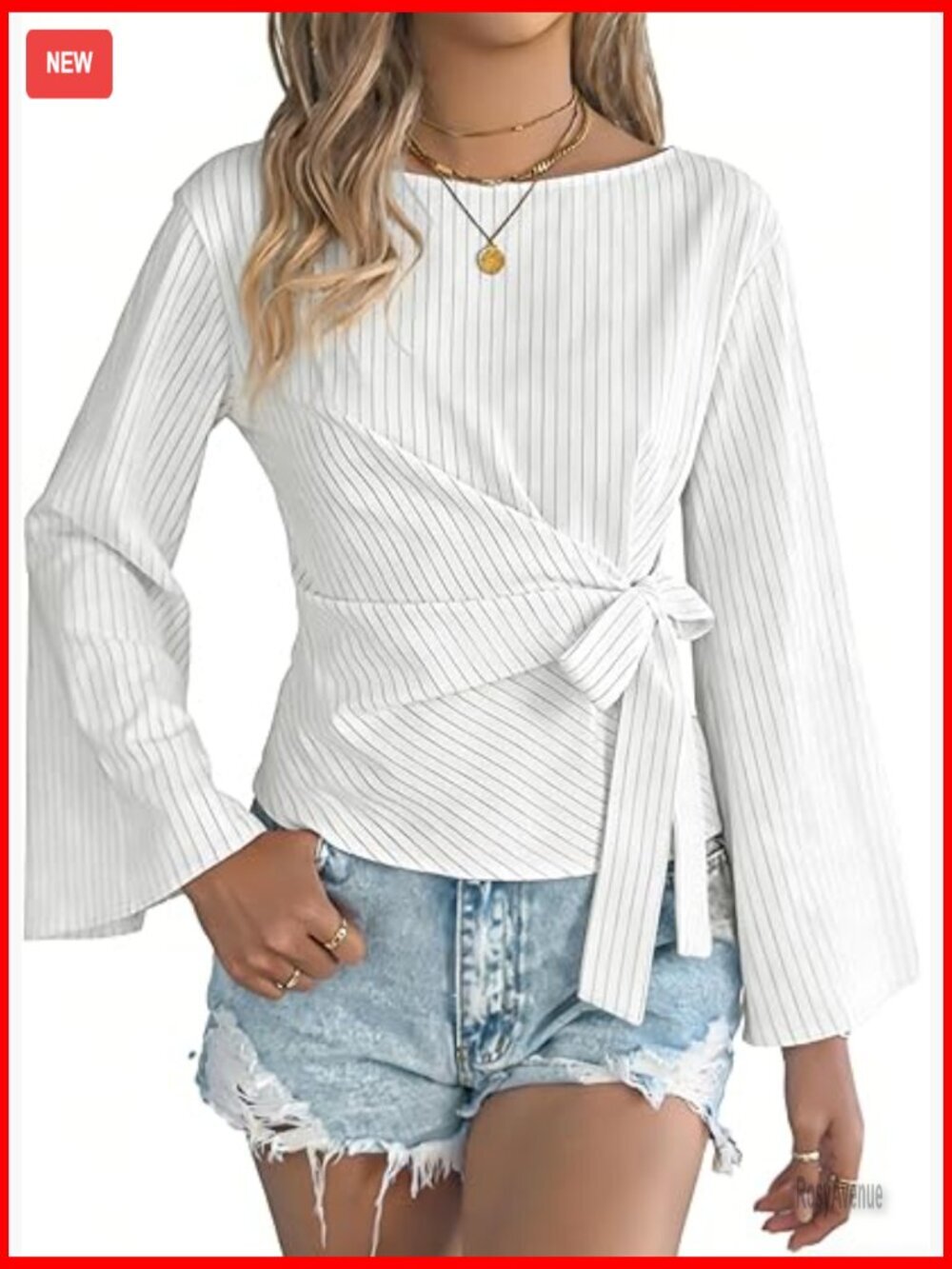 Cropped Striped Tunic Crewneck Long Sleeve Tie Knot Blouse Pullover